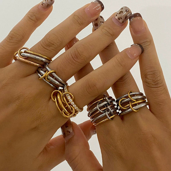Wholesale Stacked Stainless Steel Ring For Women With Geometric Pattern And Electroplating Treatment