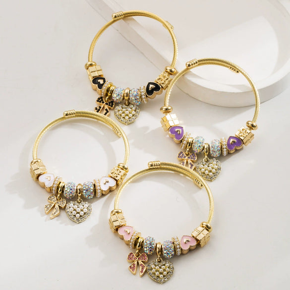 Wholesale Stainless Steel Alloy Diamondtreated Heart And Bow Pattern Bracelet For Women