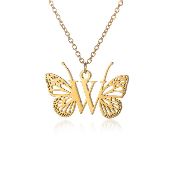 Wholesale Stainless Steel And Copper Letter And Butterfly Pendant Necklace With Electroplating Hollow Design