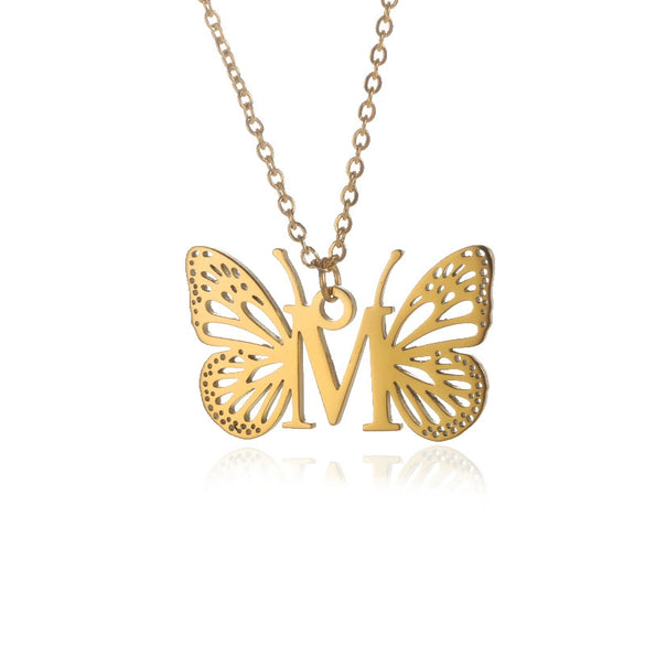 Wholesale Stainless Steel And Copper Letter And Butterfly Pendant Necklace With Electroplating Hollow Design