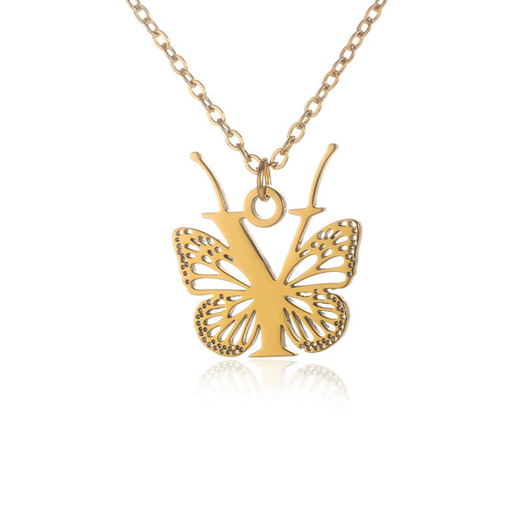 Wholesale Stainless Steel And Copper Letter And Butterfly Pendant Necklace With Electroplating Hollow Design