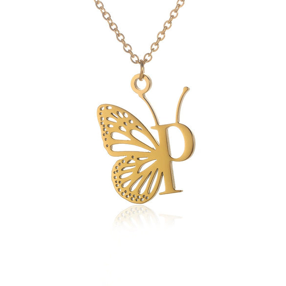 Wholesale Stainless Steel And Copper Letter And Butterfly Pendant Necklace With Electroplating Hollow Design