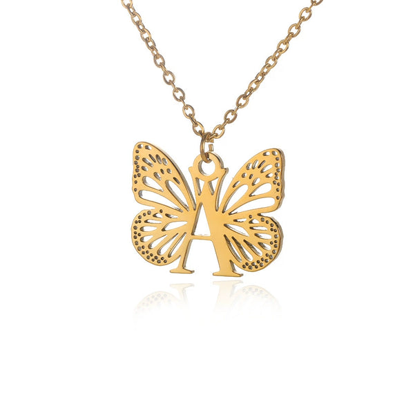 Wholesale Stainless Steel And Copper Letter And Butterfly Pendant Necklace With Electroplating Hollow Design