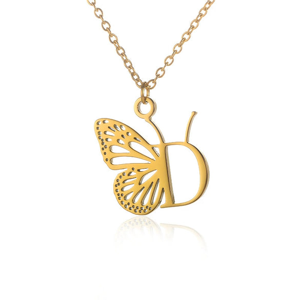 Wholesale Stainless Steel And Copper Letter And Butterfly Pendant Necklace With Electroplating Hollow Design