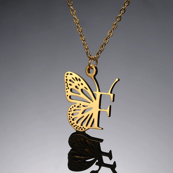 Wholesale Stainless Steel And Copper Letter And Butterfly Pendant Necklace With Electroplating Hollow Design
