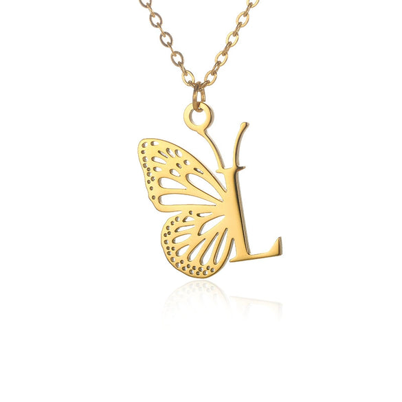 Wholesale Stainless Steel And Copper Letter And Butterfly Pendant Necklace With Electroplating Hollow Design