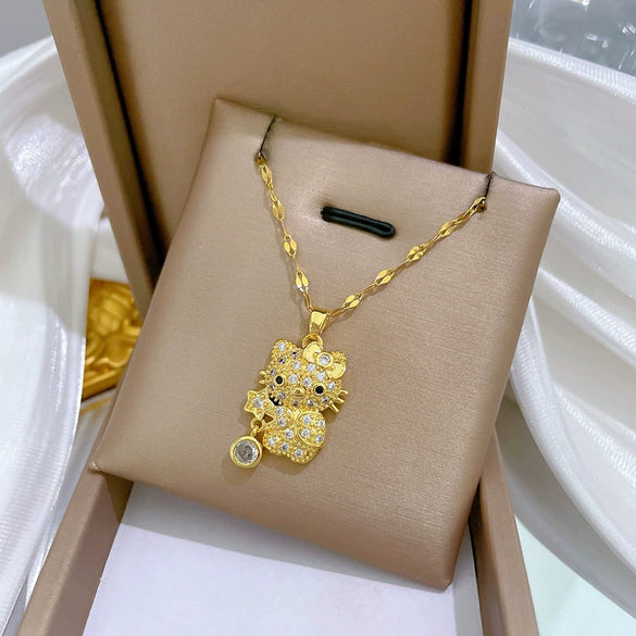 Wholesale Stainless Steel And Copper Light Luxurious Geometric Star Cat Zircon Full Diamond Pendant Necklace Unisex