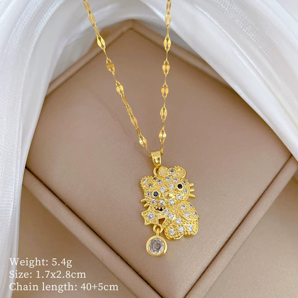 Wholesale Stainless Steel And Copper Light Luxurious Geometric Star Cat Zircon Full Diamond Pendant Necklace Unisex