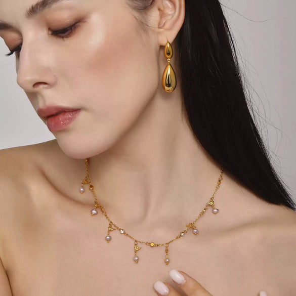 Wholesale Stainless Steel And Freshwater Pearl Geometric Minimalist Ferris Wheel Double Water Drop Pendant Earrings And Necklace Set For Women 18K Gold Plated