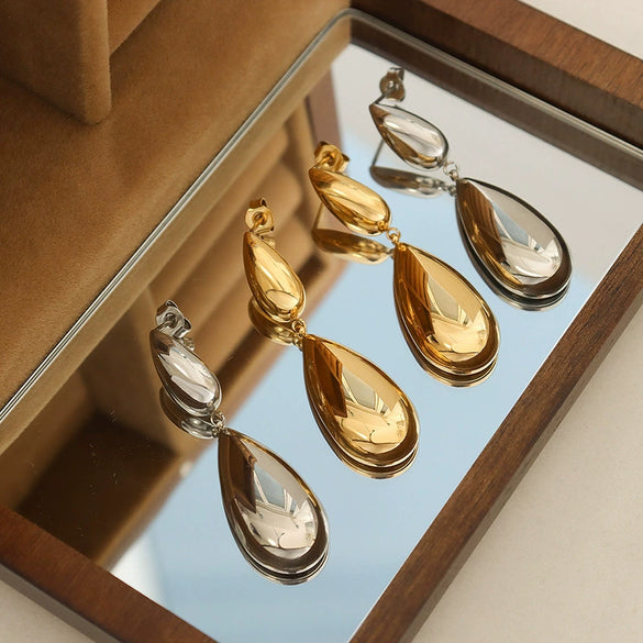 Wholesale Stainless Steel And Freshwater Pearl Geometric Minimalist Ferris Wheel Double Water Drop Pendant Earrings And Necklace Set For Women 18K Gold Plated