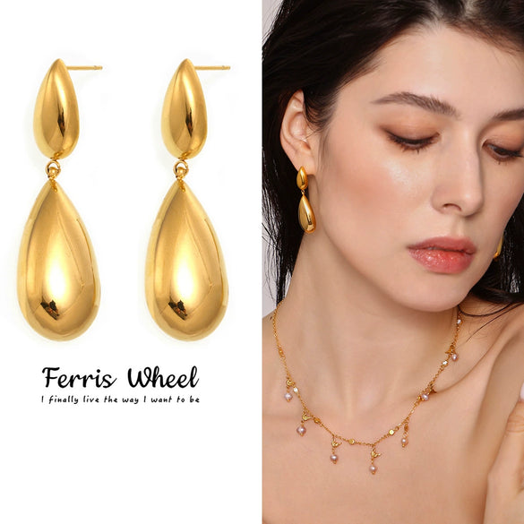 Wholesale Stainless Steel And Freshwater Pearl Geometric Minimalist Ferris Wheel Double Water Drop Pendant Earrings And Necklace Set For Women 18K Gold Plated