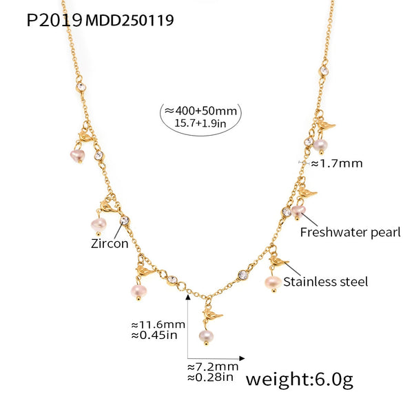 Wholesale Stainless Steel And Freshwater Pearl Geometric Minimalist Ferris Wheel Double Water Drop Pendant Earrings And Necklace Set For Women 18K Gold Plated