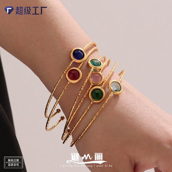 Wholesale 316L Stainless Steel And Glass Stone Open Bracelet With Geometric Style And Electroplating Processing