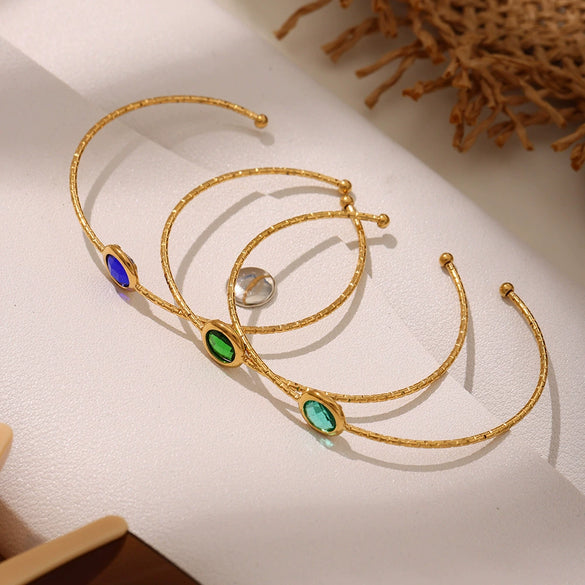 Wholesale 316L Stainless Steel And Glass Stone Open Bracelet With Geometric Style And Electroplating Processing