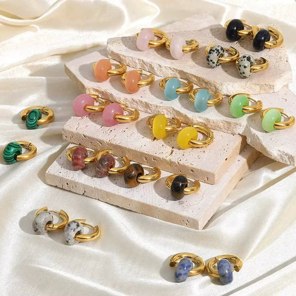 Wholesale Stainless Steel And Natural Stone Geometric Earrings With 18K Gold Pendant And Electroplating For Women