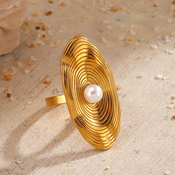 Wholesale Stainless Steel And Pearl Geometric Oval Rotating Stripes Inlaid Ring With Electroplating For Women