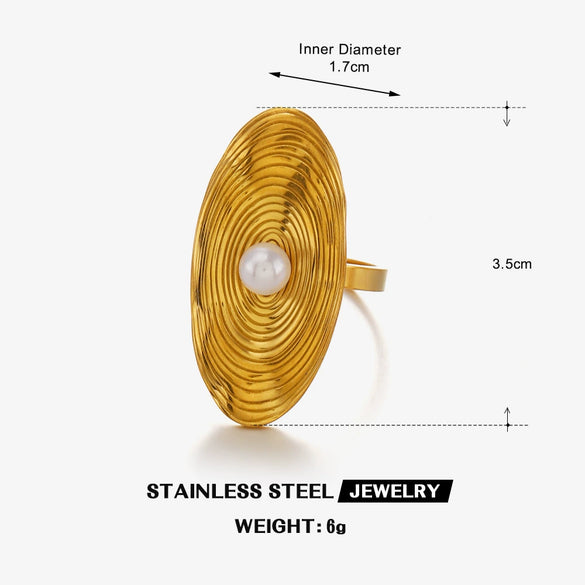 Wholesale Stainless Steel And Pearl Geometric Oval Rotating Stripes Inlaid Ring With Electroplating For Women