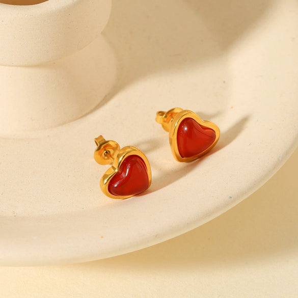 Wholesale Stainless Steel And Red Agate Heartshaped Geometric Inlaid Electroplated Women's Earrings
