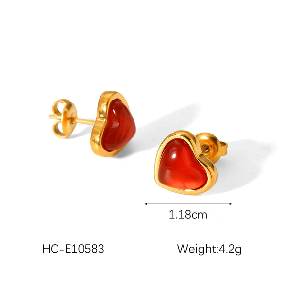 Wholesale Stainless Steel And Red Agate Heartshaped Geometric Inlaid Electroplated Women's Earrings