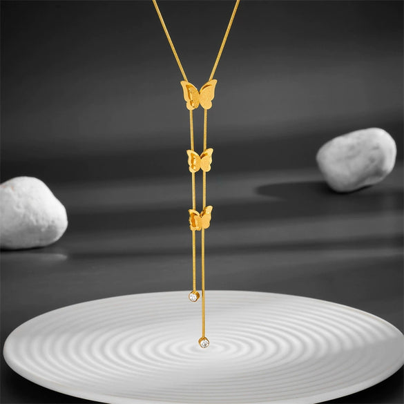 Wholesale Stainless Steel And Titanium Steel Butterfly Tassel Necklace And Earrings Set With Love Water Drops And Bell Patterns