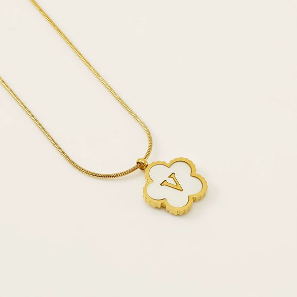 Wholesale Stainless Steel And Titanium Steel Five Leaf Clover And Letter Pendant Necklace With Electroplating Fashion Style