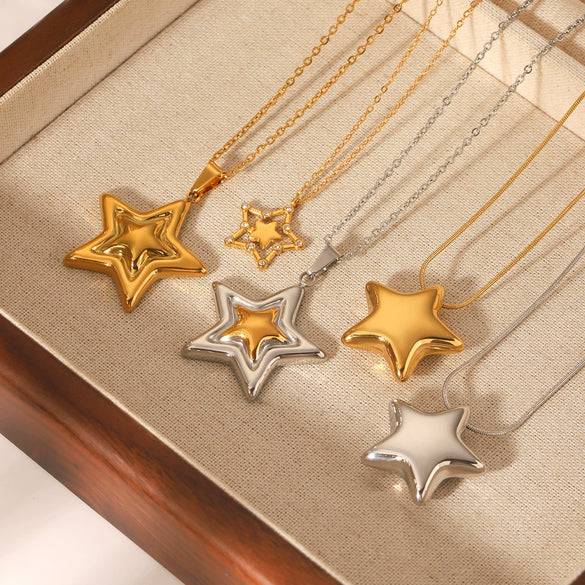 Wholesale Stainless Steel And Titanium Steel Fivepointed Star Pendant Necklace With O Word Chain And Electroplating