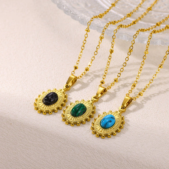 Wholesale Stainless Steel And Titanium Steel Geometric Clavicle Chain Necklace With Turquoise And Tiger Eye Stone Gold Plated In Palace Style