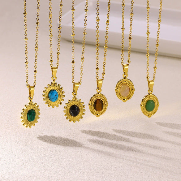 Wholesale Stainless Steel And Titanium Steel Geometric Clavicle Chain Necklace With Turquoise And Tiger Eye Stone Gold Plated In Palace Style