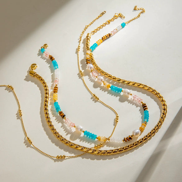Wholesale Stainless Steel And Titanium Steel Geometric Design Electroplated Natural Stone Bead String Necklace For Women
