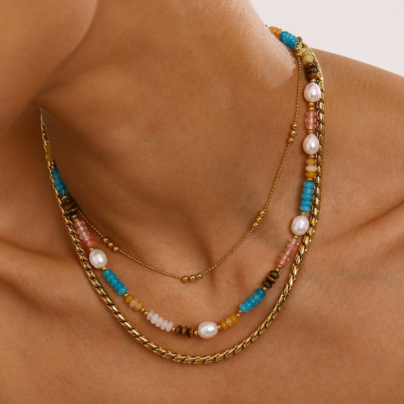 Wholesale Stainless Steel And Titanium Steel Geometric Design Electroplated Natural Stone Bead String Necklace For Women