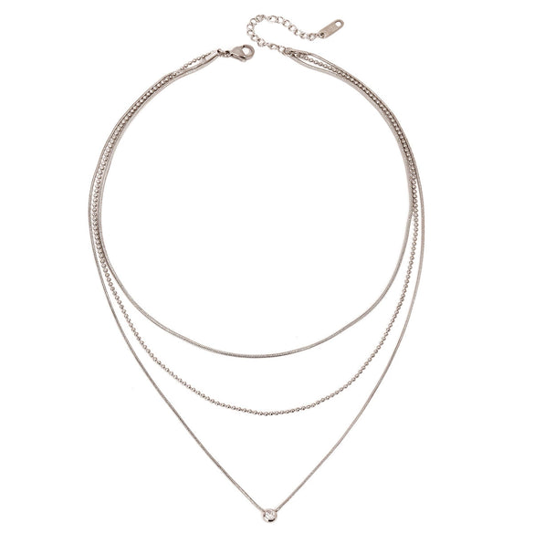 Wholesale Stainless Steel And Titanium Steel Geometric Pattern Three Layer Necklace With Round White Diamond Pendant For Women