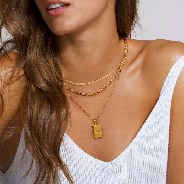 Wholesale Stainless Steel And Titanium Steel Geometric Star Square Pendant Multilayer Stacked Women's Necklace With Electroplating