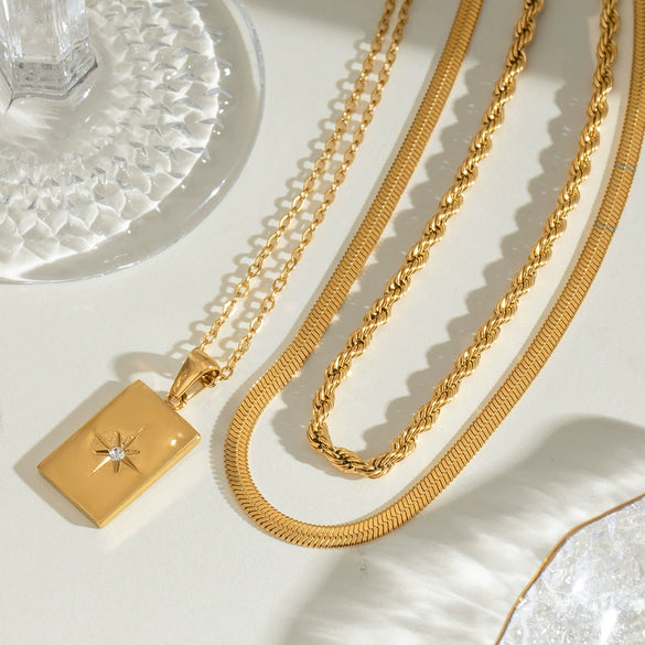 Wholesale Stainless Steel And Titanium Steel Geometric Star Square Pendant Multilayer Stacked Women's Necklace With Electroplating