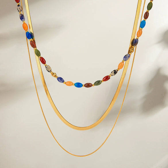Wholesale Stainless Steel And Titanium Steel Geometric Style Double Layer Snake Chain Necklace With Colorful Natural Stone Beads And Electroplating Treatment For Women