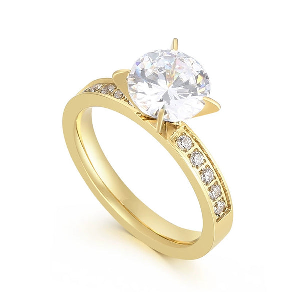 Wholesale Stainless Steel And Titanium Steel Geometric Zircon Women's Ring With Fourclaw Design And Electroplating