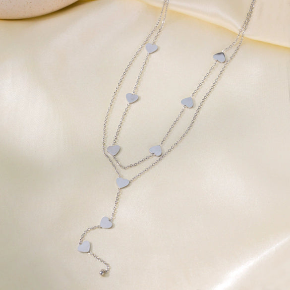 Wholesale Stainless Steel And Titanium Steel Heart Tassel Doublelayer Necklace With Love Water Drops And Bells Patterns Electroplated For Women