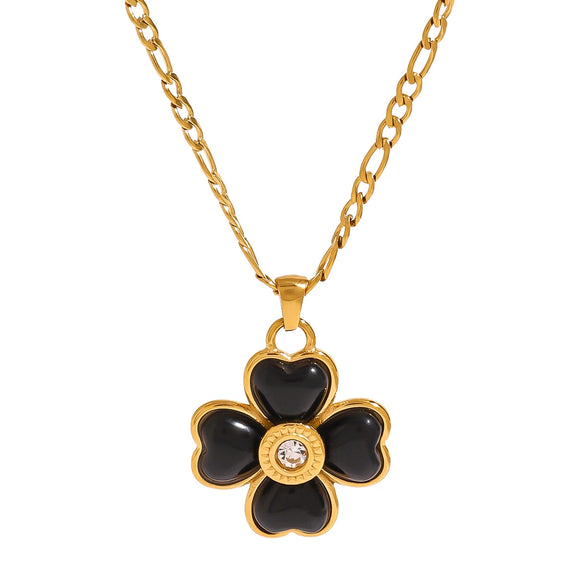 Wholesale Stainless Steel And Titanium Steel Inlaid Black Agate Four Leaf Clover And Heart Shape Necklace With Electroplating And Original Design