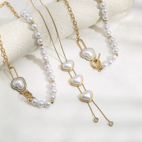 Wholesale Stainless Steel And Titanium Steel Love Imitation Pearl Shape Light Luxury Necklace With Snake Bone Chain And Electroplating For Women