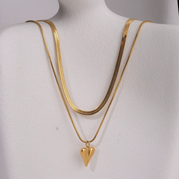 Wholesale Stainless Steel And Titanium Steel Love Peach Heart Double Layer Clavicle Necklace With Snake Bone Chain And Electroplating