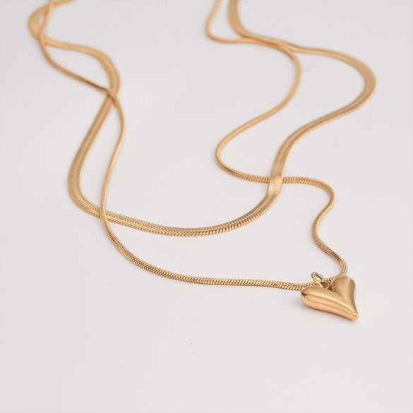 Wholesale Stainless Steel And Titanium Steel Love Peach Heart Double Layer Clavicle Necklace With Snake Bone Chain And Electroplating