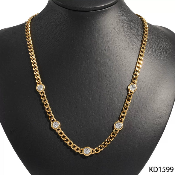 Wholesale Stainless Steel And Titanium Steel Necklace And Bracelet Set With Retro Cuban Chain And Round Zircon Electroplated