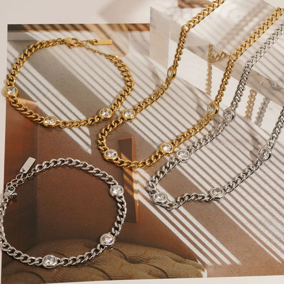 Wholesale Stainless Steel And Titanium Steel Necklace And Bracelet Set With Retro Cuban Chain And Round Zircon Electroplated
