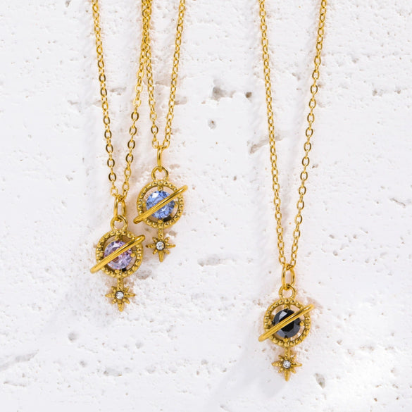 Wholesale Stainless Steel And Titanium Steel Retro Vintage Geometric Saturn And Star Gemstone Pendant Inlaid Zircon Necklace With Electroplating