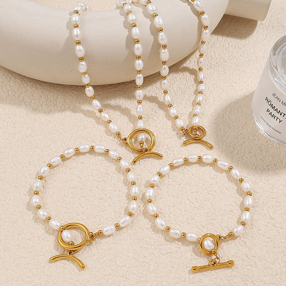 Wholesale 316L Stainless Steel And 316L Stainless Steel Sea Life Pattern Freshwater Pearl Ot Buckle Necklace And Bracelet Set 18K Gold Plated Fashion Style For Women