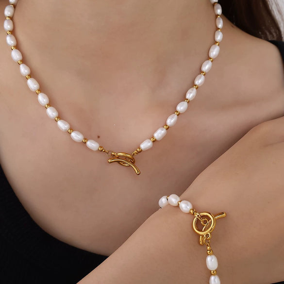 Wholesale 316L Stainless Steel And 316L Stainless Steel Sea Life Pattern Freshwater Pearl Ot Buckle Necklace And Bracelet Set 18K Gold Plated Fashion Style For Women