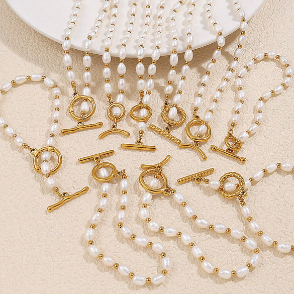 Wholesale 316L Stainless Steel And 316L Stainless Steel Sea Life Pattern Freshwater Pearl Ot Buckle Necklace And Bracelet Set 18K Gold Plated Fashion Style For Women