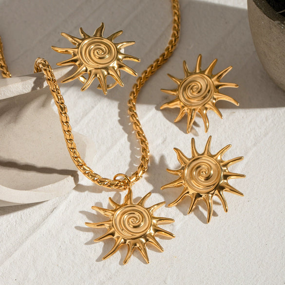 Wholesale Stainless Steel And Titanium Steel Spiral Sunflower Pendant Necklace And Earrings With Electroplating Fashion Retro Creative For Women