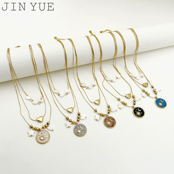 Wholesale Stainless Steel And Titanium Steel Star Moon Clavicle Necklace With Enamel Color Drop Oil Disc Pendant Electroplated For Women