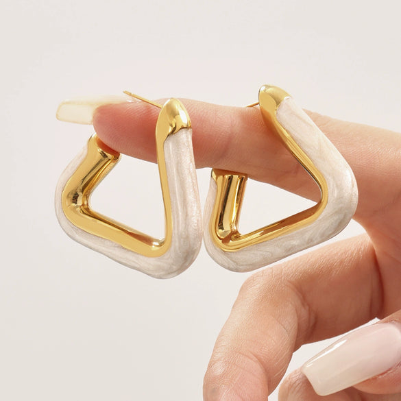 Wholesale Stainless Steel And Titanium Steel Triangular Geometric Hollow Earrings With Pearl Powder Oil Drop Electroplated Color Preserving For Women