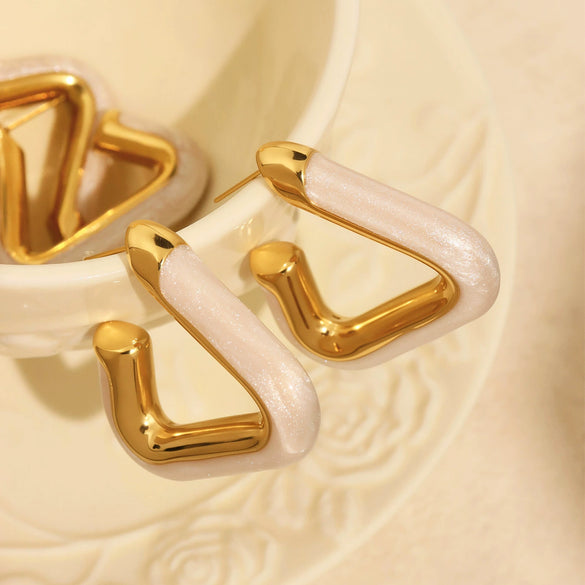 Wholesale Stainless Steel And Titanium Steel Triangular Geometric Hollow Earrings With Pearl Powder Oil Drop Electroplated Color Preserving For Women